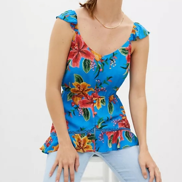 Farm Rio Blue Tropical Button Front Ruffled Top - Picture 4 of 13